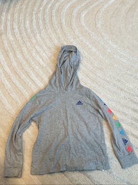 adidas Gray Hooded Long Sleeve Shirt with Multicolor Sleeve Logos